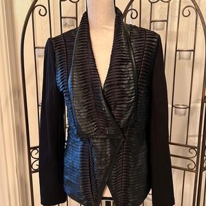 Black knit blazer with faux leather collar.
